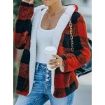 Plaid Hooded Long Sleeve Red Coat