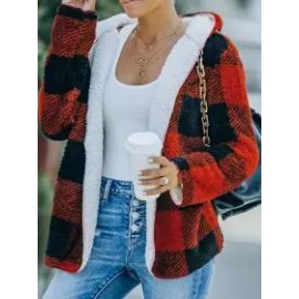 Plaid Hooded Long Sleeve Red Coat