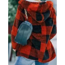 Plaid Hooded Long Sleeve Red Coat