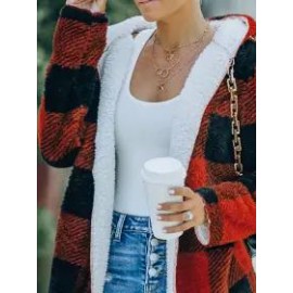 Plaid Hooded Long Sleeve Red Coat