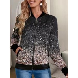 Women'S Fashion Pocket Zipper Print Coat