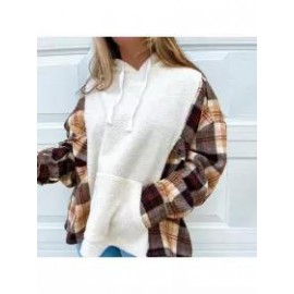 Women Plaid Patchwork Polar Fleece Hoodie