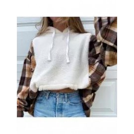Women Plaid Patchwork Polar Fleece Hoodie