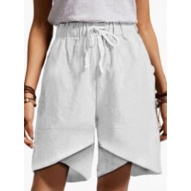 Cotton And Linen Elastic Waist High Waist Fashion Shorts