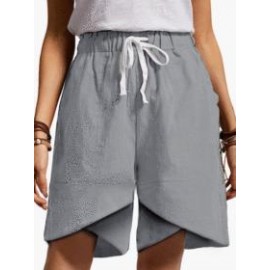 Cotton And Linen Elastic Waist High Waist Fashion Shorts