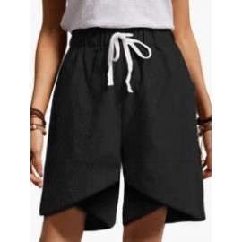 Cotton And Linen Elastic Waist High Waist Fashion Shorts