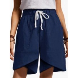 Cotton And Linen Elastic Waist High Waist Fashion Shorts