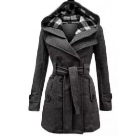 Checked Hooded Woolen Coat With Long Belt