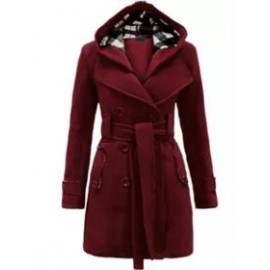Checked Hooded Woolen Coat With Long Belt