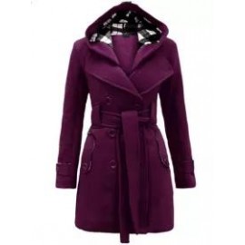 Checked Hooded Woolen Coat With Long Belt