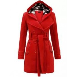 Checked Hooded Woolen Coat With Long Belt