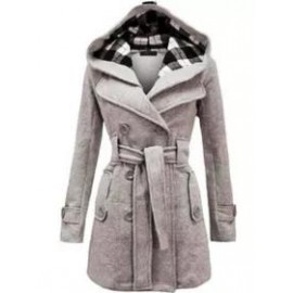 Checked Hooded Woolen Coat With Long Belt