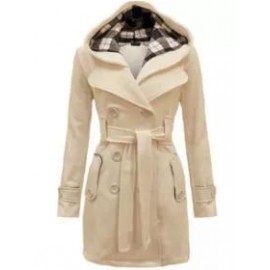 Checked Hooded Woolen Coat With Long Belt