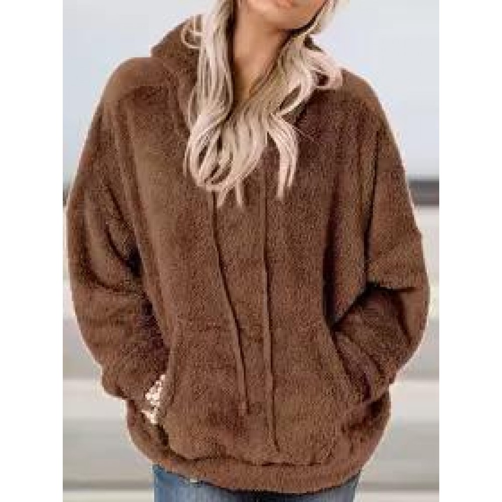 Casual Oversized Solid Pocket Lambsool Hoodie