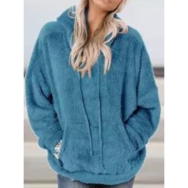 Casual Oversized Solid Pocket Lambsool Hoodie