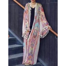 Women's Fashion Casual Vintage Print Chiffon Tulle Fringe Cardigan