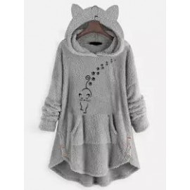 Cat Embroidery Loose Casual Hoodie