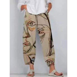Women'S Line Art Print Elastic Waist Fashion Pants