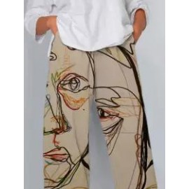 Women'S Line Art Print Elastic Waist Fashion Pants