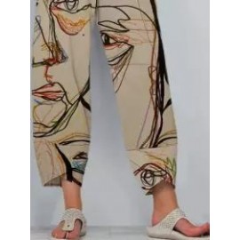 Women'S Line Art Print Elastic Waist Fashion Pants