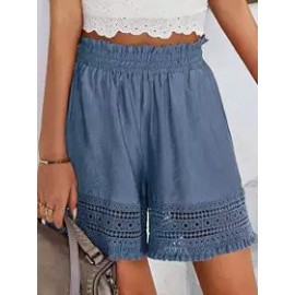 Casual Loose Solid Color Lace Panel Elastic Waist Shorts