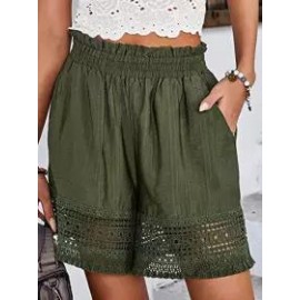 Casual Loose Solid Color Lace Panel Elastic Waist Shorts