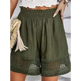 Casual Loose Solid Color Lace Panel Elastic Waist Shorts