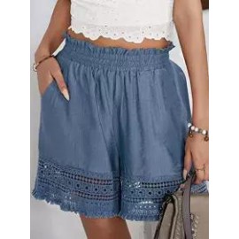 Casual Loose Solid Color Lace Panel Elastic Waist Shorts