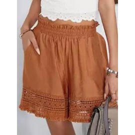 Casual Loose Solid Color Lace Panel Elastic Waist Shorts