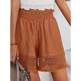 Casual Loose Solid Color Lace Panel Elastic Waist Shorts