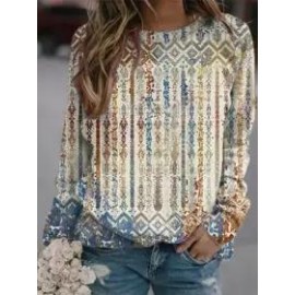 Retro Print Round Neck Long Sleeve Fashion Casual Sweatshirt