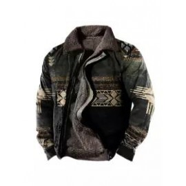 Men's Retro Ethnic Print Fleece Zipper Tactical Shirt Jacket