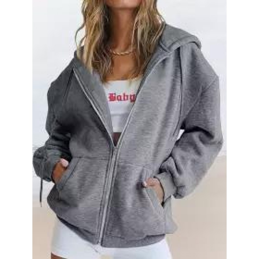 Casual Loose Solid Zip Cardigan Hoodie