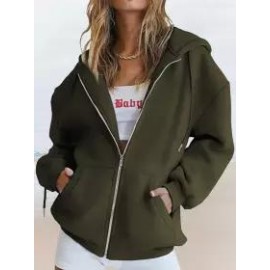 Casual Loose Solid Zip Cardigan Hoodie