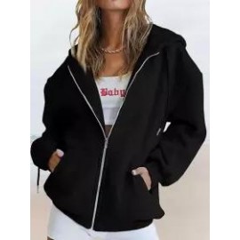 Casual Loose Solid Zip Cardigan Hoodie