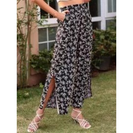 Resort-inspired Floral-print High-rise Slit Wide-leg Pants