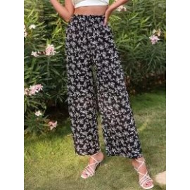 Resort-inspired Floral-print High-rise Slit Wide-leg Pants