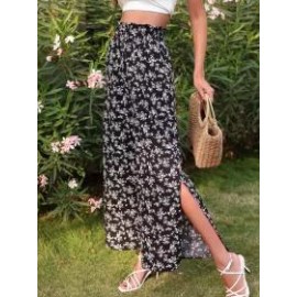 Resort-inspired Floral-print High-rise Slit Wide-leg Pants