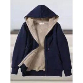 Casual Loose Solid Lambsool Zip Hooded Coat