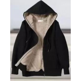 Casual Loose Solid Lambsool Zip Hooded Coat