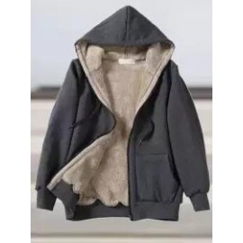 Casual Loose Solid Lambsool Zip Hooded Coat