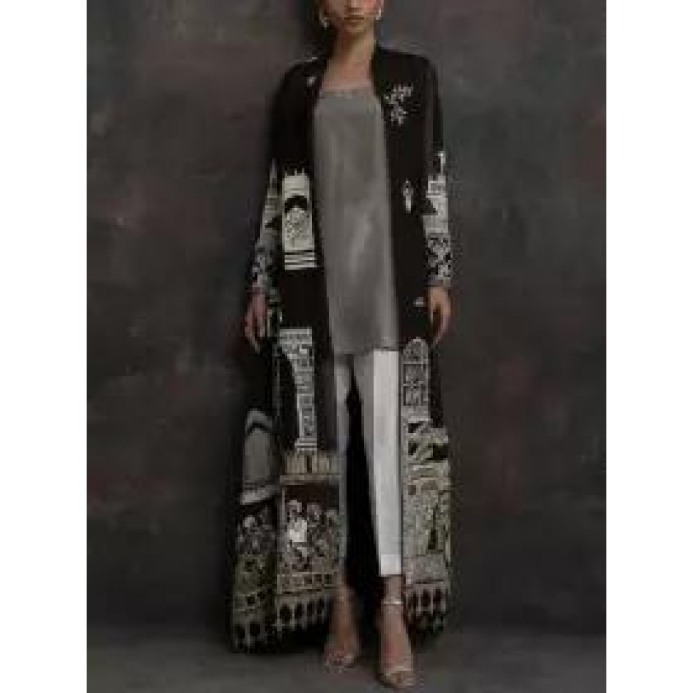 Women's Elegant Retro Palace Positioning Printing Black Gauze Cardigan Women's Elegant Retro Palace Positioning Printing Black Gauze Cardigan