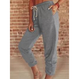 Casual Solid Color Loose High-Waist Lace-Up Trousers
