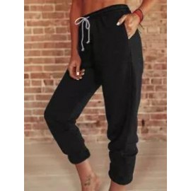 Casual Solid Color Loose High-Waist Lace-Up Trousers