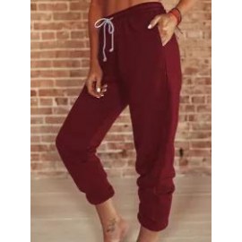 Casual Solid Color Loose High-Waist Lace-Up Trousers