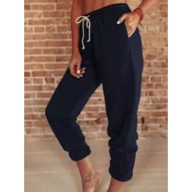 Casual Solid Color Loose High-Waist Lace-Up Trousers