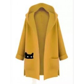 Cat Hooded Patch Pocket Woolen Coat