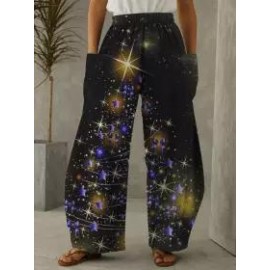 Casual Christmas Print Pocket Loose Pants Women