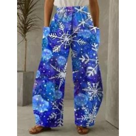 Casual Christmas Print Pocket Loose Pants Women