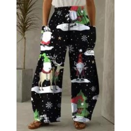 Casual Christmas Print Pocket Loose Pants Women